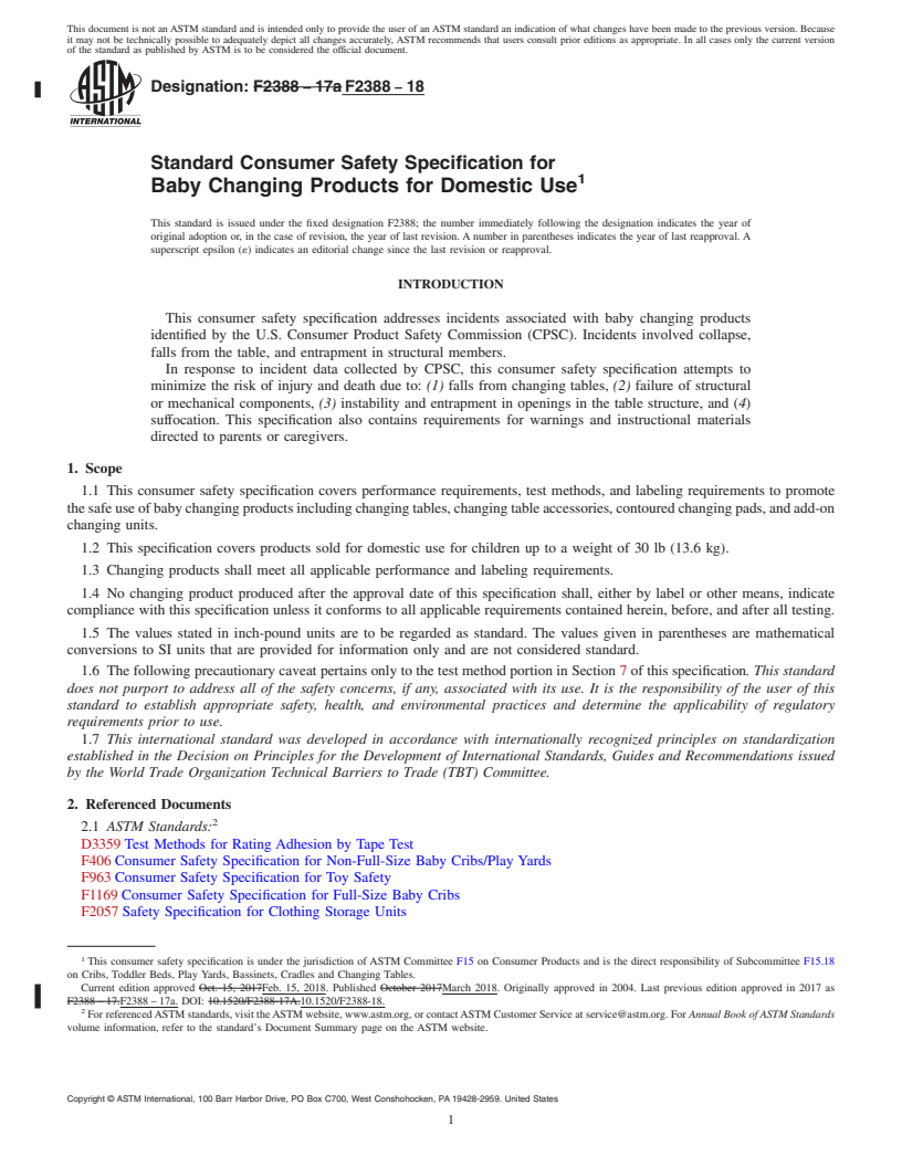 REDLINE ASTM F2388-18 - Standard Consumer Safety Specification for Baby Changing Products for Domestic Use