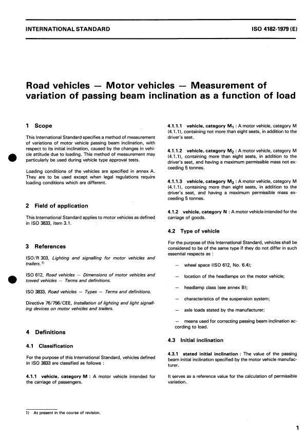 ISO 4182:1979 - Road vehicles -- Motor vehicles -- Measurement of variation of passing beam inclination as a function of load