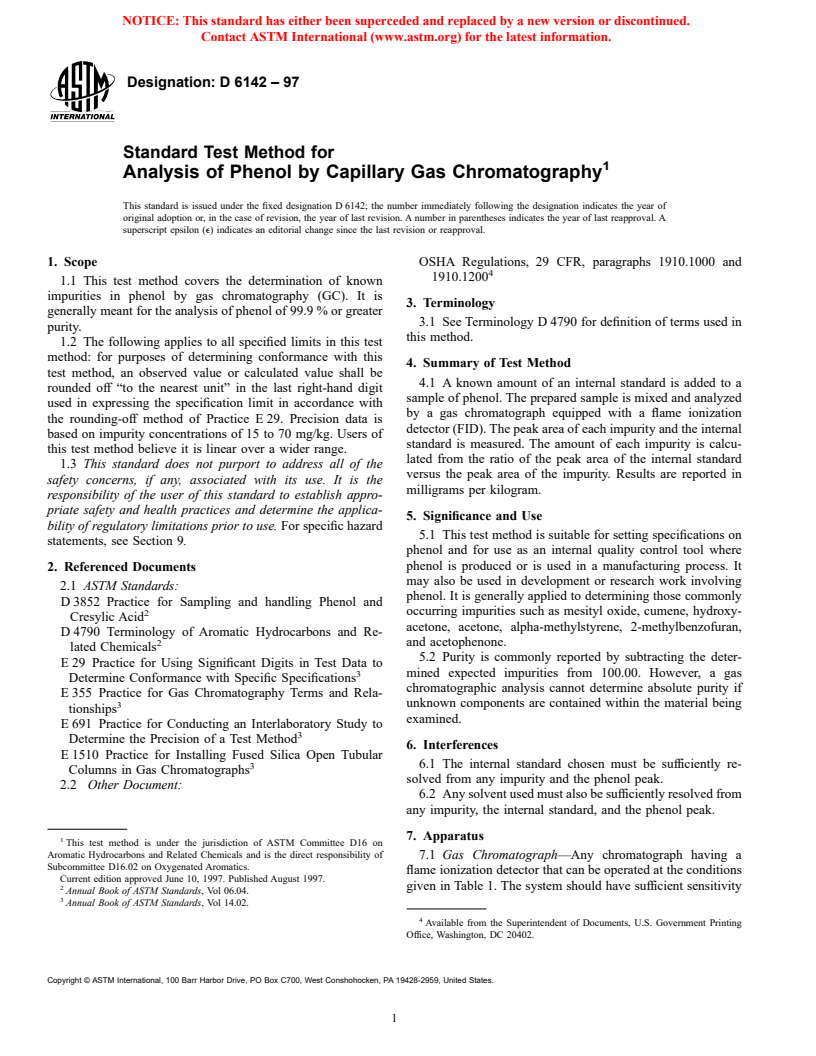 ASTM D6142-97 - Standard Test Method for Analysis of Phenol by Capillary Gas Chromatography