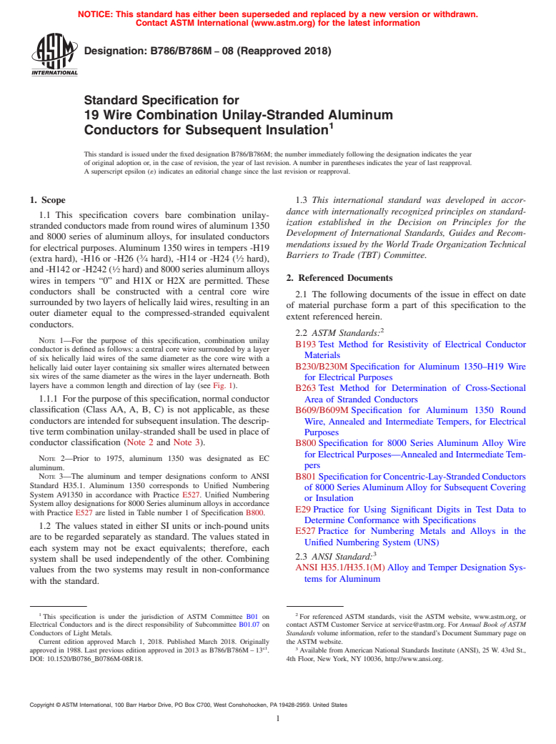 ASTM B786/B786M-08(2018) - Standard Specification for 19 Wire Combination Unilay-Stranded Aluminum  Conductors for   Subsequent Insulation