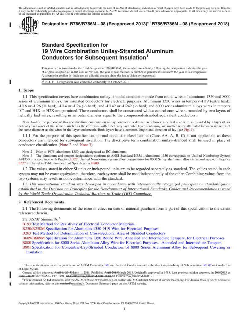 REDLINE ASTM B786/B786M-08(2018) - Standard Specification for 19 Wire Combination Unilay-Stranded Aluminum  Conductors for   Subsequent Insulation