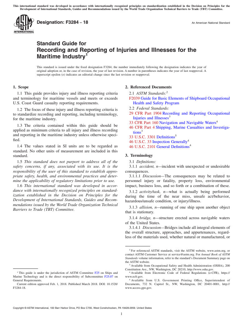ASTM F3284-18 - Standard Guide for Recording and Reporting of Injuries and Illnesses for the Maritime  Industry