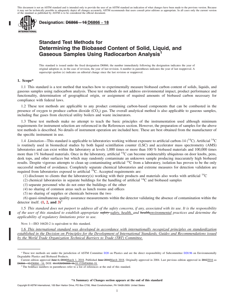 REDLINE ASTM D6866-18 - Standard Test Methods for Determining the Biobased Content of Solid, Liquid, and Gaseous  Samples Using Radiocarbon Analysis