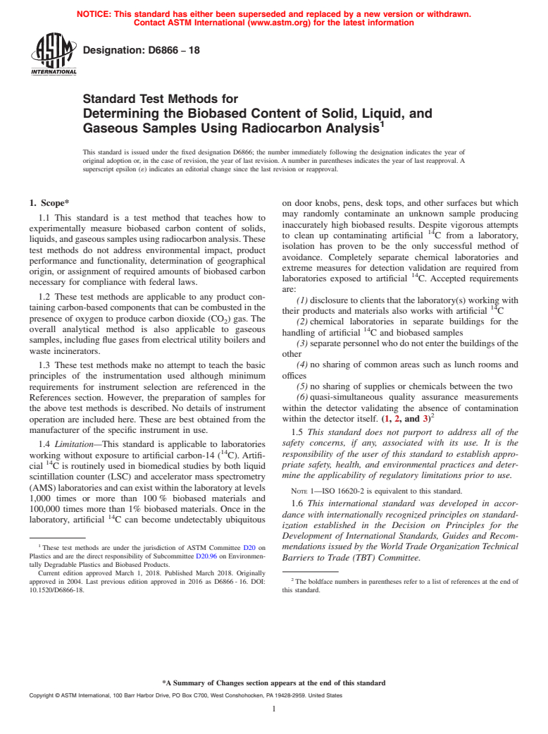 ASTM D6866-18 - Standard Test Methods for Determining the Biobased Content of Solid, Liquid, and Gaseous  Samples Using Radiocarbon Analysis