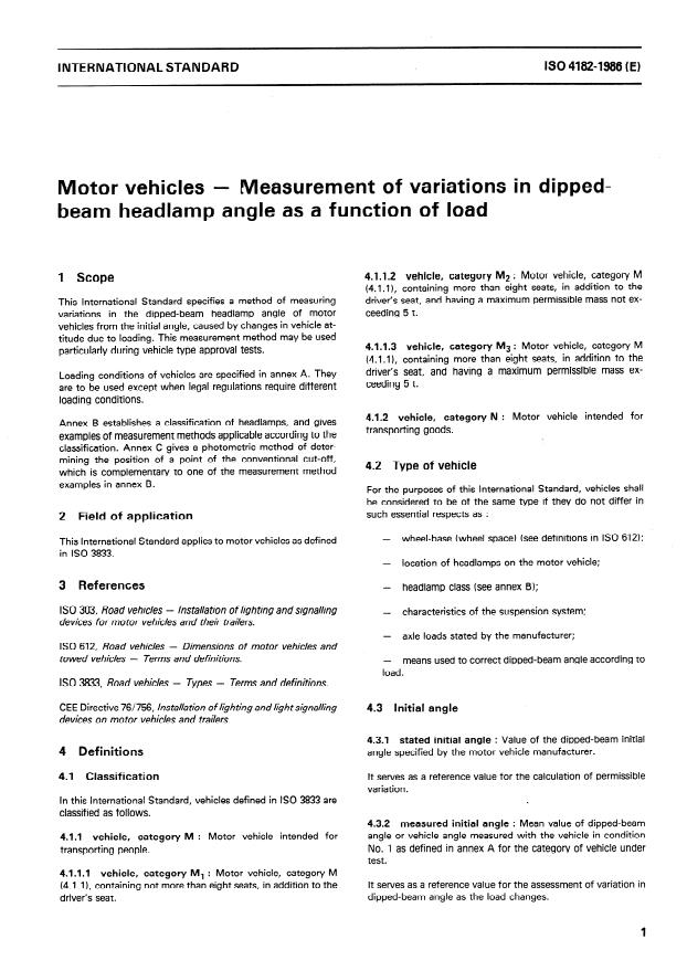 ISO 4182:1986 - Motor vehicles -- Measurement of variations in dipped-beam headlamp angle as a function of load