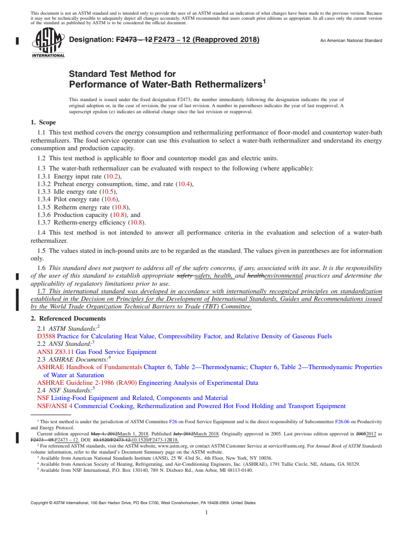 REDLINE ASTM F2473-12(2018) - Standard Test Method for Performance of Water-Bath Rethermalizers