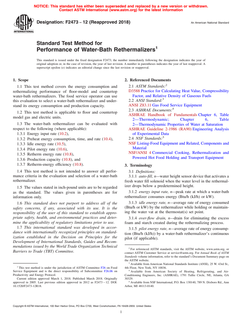 ASTM F2473-12(2018) - Standard Test Method for Performance of Water-Bath Rethermalizers