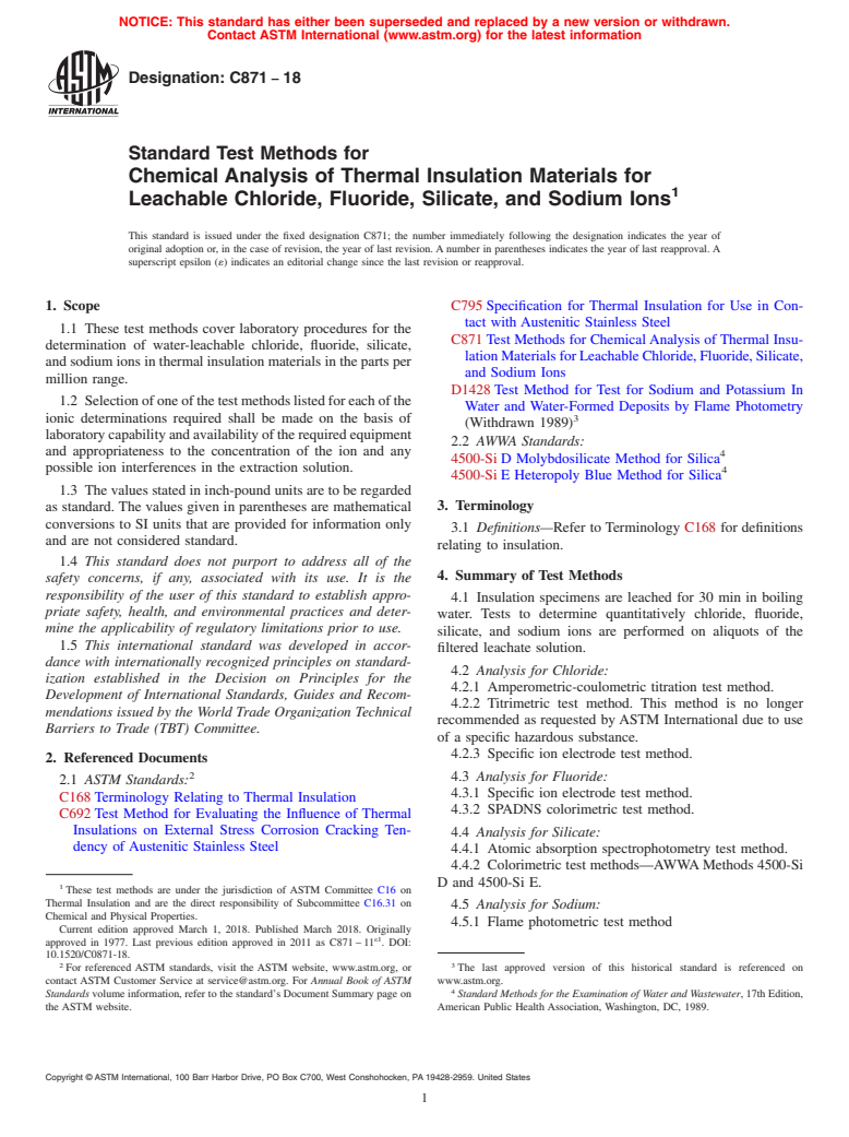 ASTM C871-18 - Standard Test Methods for Chemical Analysis of Thermal Insulation Materials for Leachable  Chloride, Fluoride, Silicate, and Sodium Ions