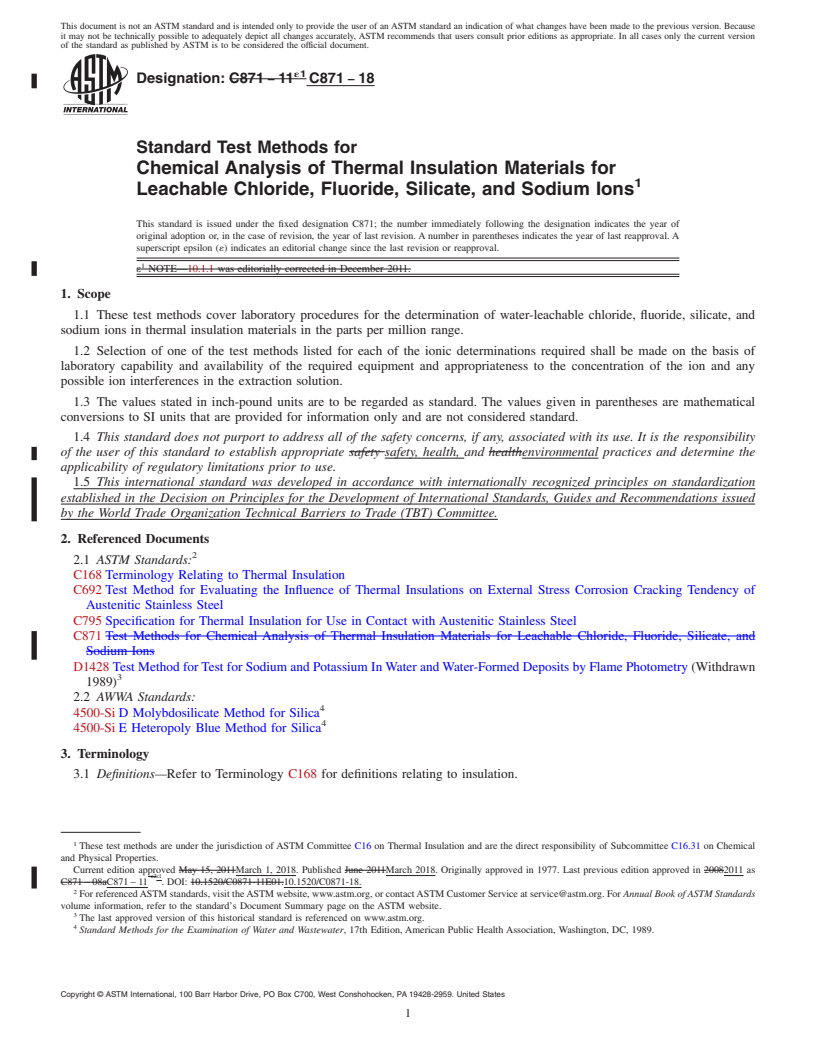 REDLINE ASTM C871-18 - Standard Test Methods for Chemical Analysis of Thermal Insulation Materials for Leachable  Chloride, Fluoride, Silicate, and Sodium Ions