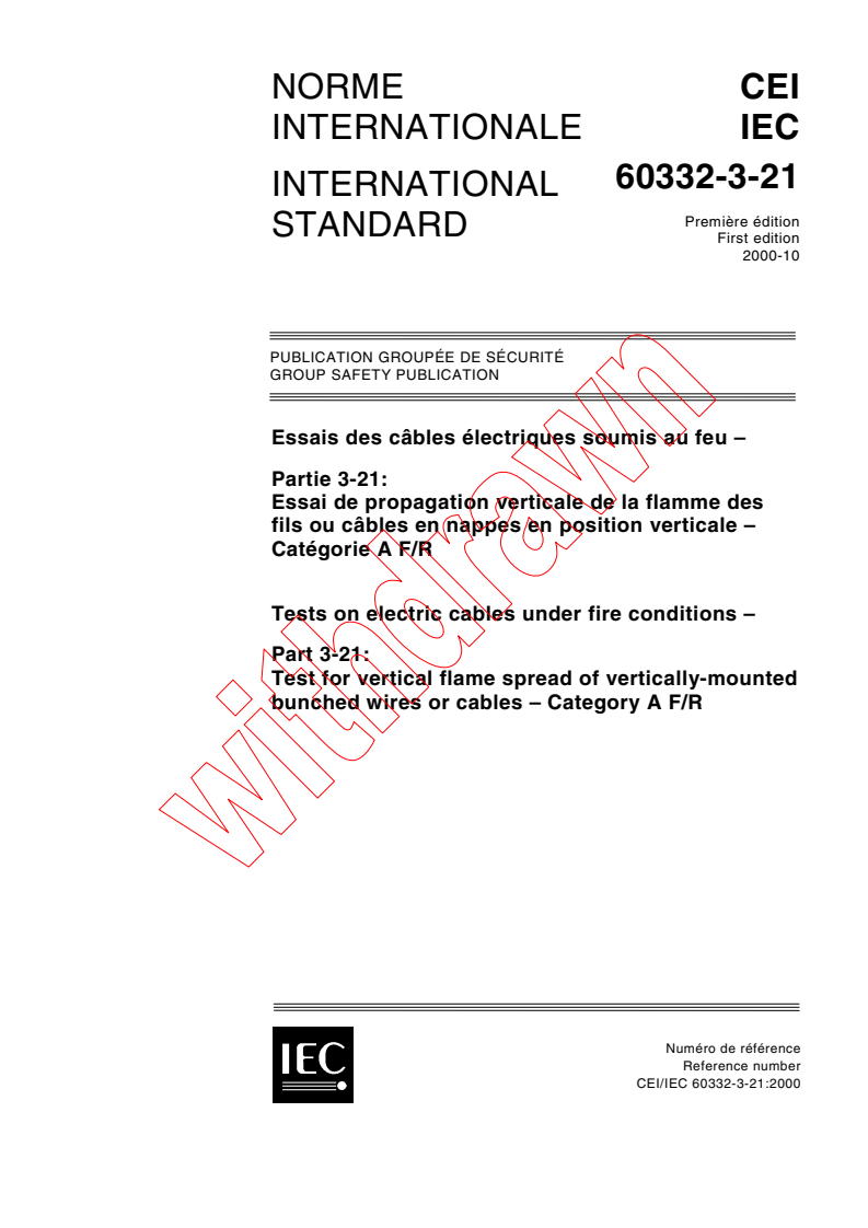 IEC 60332-3-21:2000 - Tests on electric cables under fire conditions - Part 3-21: Test for vertical flame spread of vertically-mounted bunched wires or cables - Category A F/R
Released:10/9/2000
Isbn:283185461X