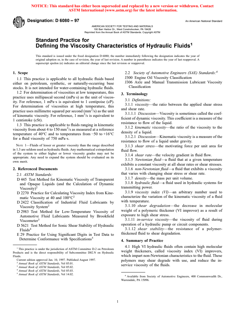 ASTM D6080-97 - Standard Practice for Defining the Viscosity Characteristics of Hydraulic Fluids