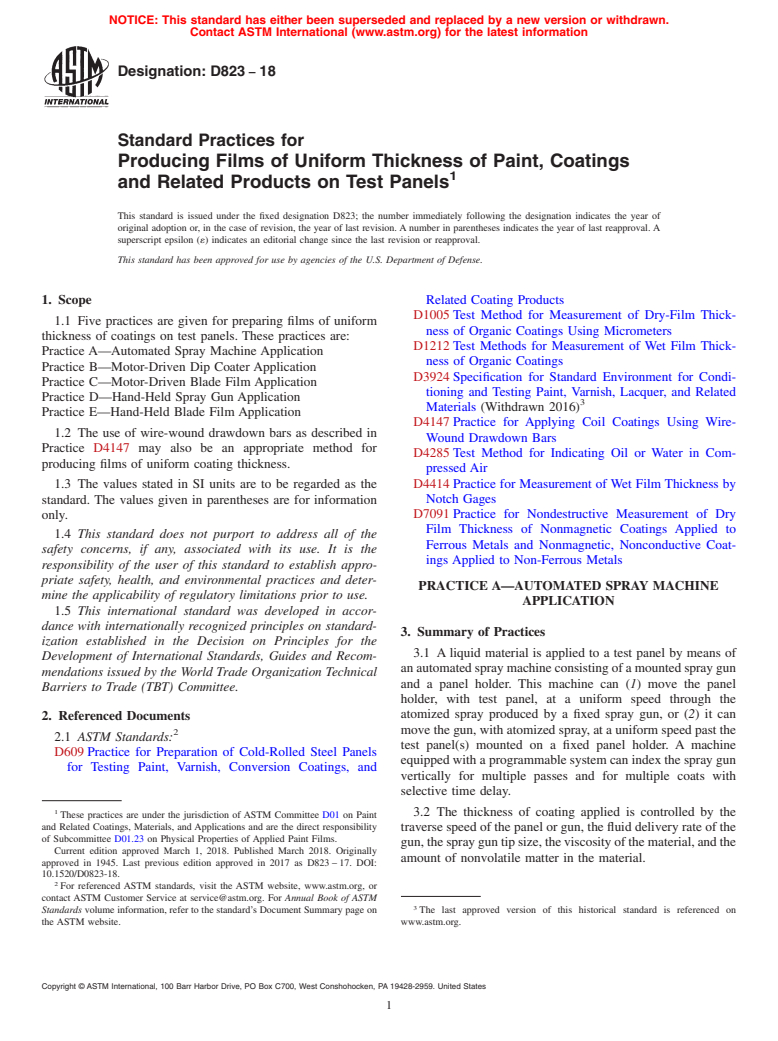 ASTM D823-18 - Standard Practices for Producing Films of Uniform Thickness of Paint, Coatings and  Related   Products on Test Panels