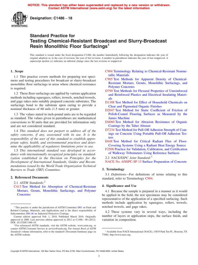 ASTM C1486-18 - Standard Practice for Testing Chemical-Resistant Broadcast and Slurry-Broadcast Resin  Monolithic Floor Surfacings