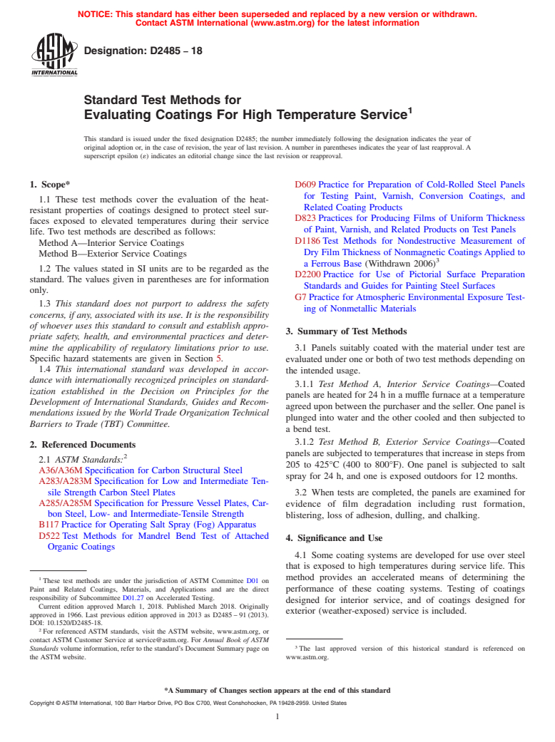 ASTM D2485-18 - Standard Test Methods for Evaluating Coatings For High Temperature Service