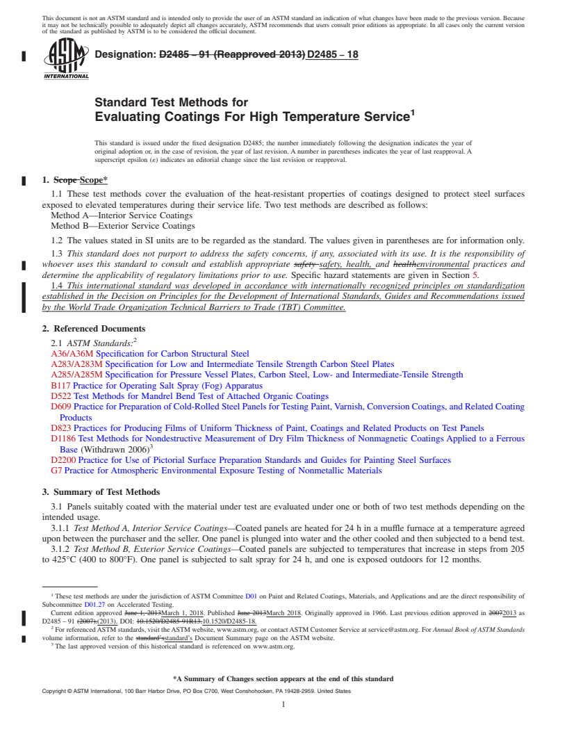 REDLINE ASTM D2485-18 - Standard Test Methods for Evaluating Coatings For High Temperature Service