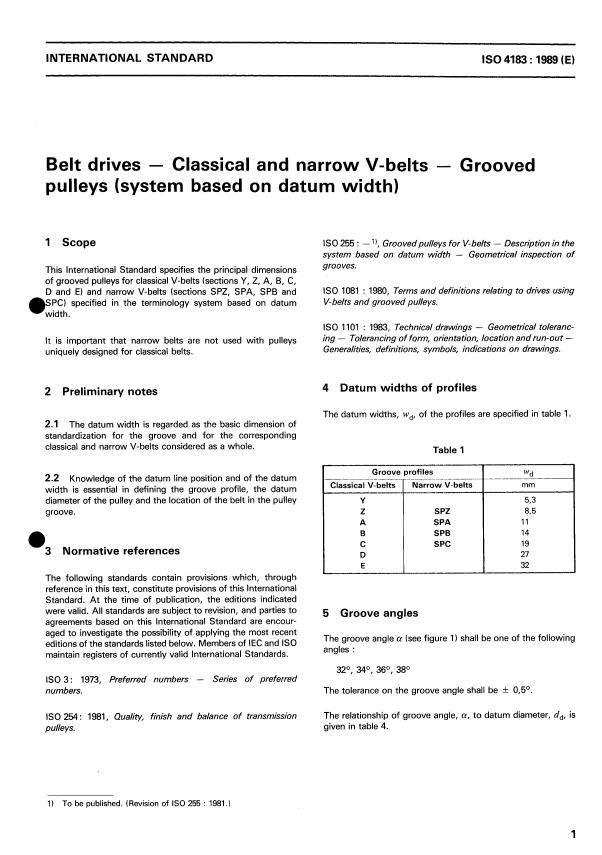 ISO 4183:1989 - Belt drives -- Classical and narrow V-belts -- Grooved pulleys (system based on datum width)