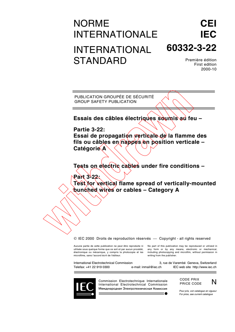 IEC 60332-3-22:2000 - Tests on electric cables under fire conditions - Part 3-22: Test for vertical flame spread of vertically-mounted bunched wires or cables - Category A
Released:10/9/2000
Isbn:2831854598