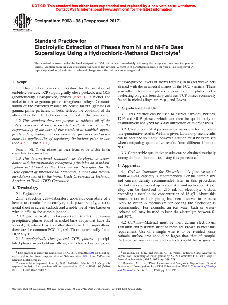 ASTM E963-95(2017) - Standard Practice for  Electrolytic Extraction of Phases from Ni and Ni-Fe Base Superalloys  Using a Hydrochloric-Methanol Electrolyte (Withdrawn 2018)