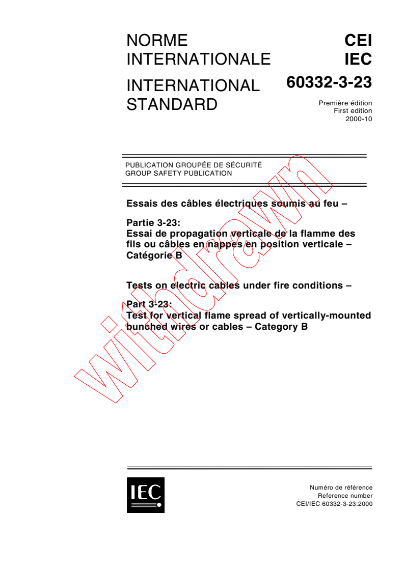 IEC 60332-3-23:2000 - Tests on electric cables under fire conditions - Part 3-23: Test for vertical flame spread of vertically-mounted bunched wires or cables - Category B
Released:10/9/2000
Isbn:2831854601