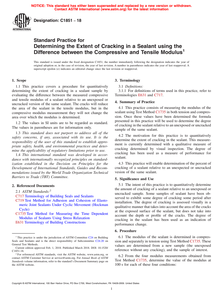 ASTM C1851-18 - Standard Practice for Determining the Extent of Cracking in a Sealant using the Difference  between the Compressive and Tensile Modulus