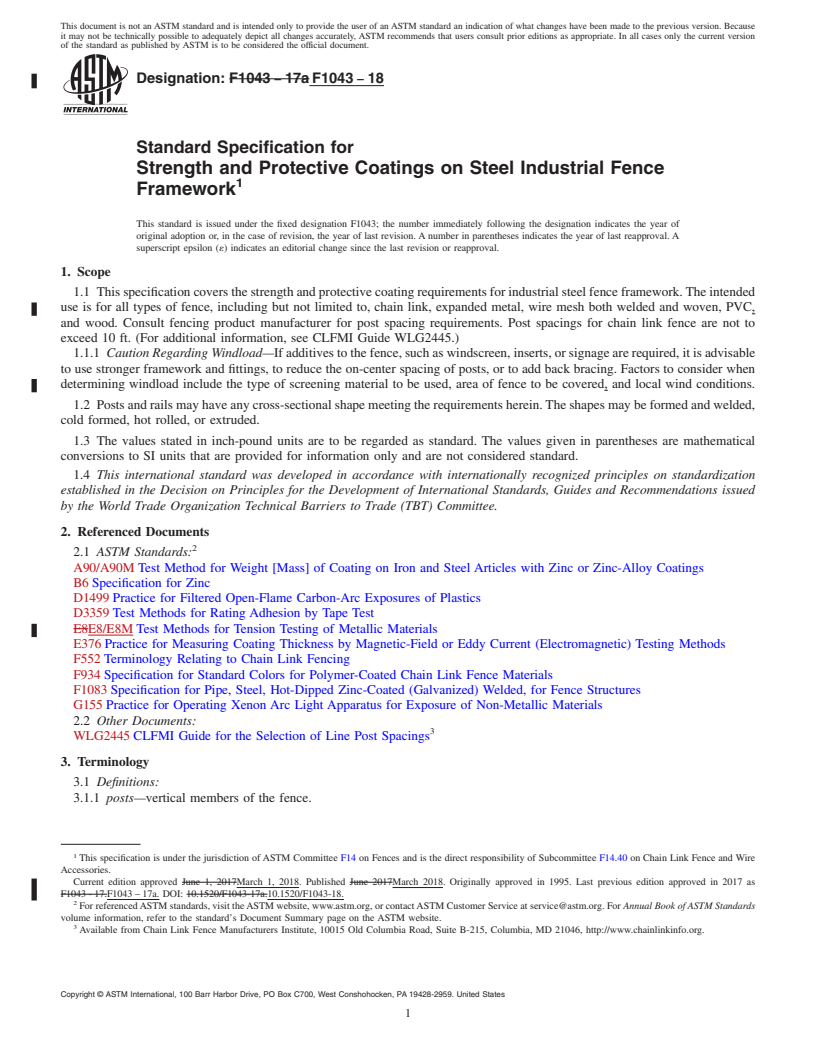 REDLINE ASTM F1043-18 - Standard Specification for  Strength and Protective Coatings on Steel Industrial Fence  Framework