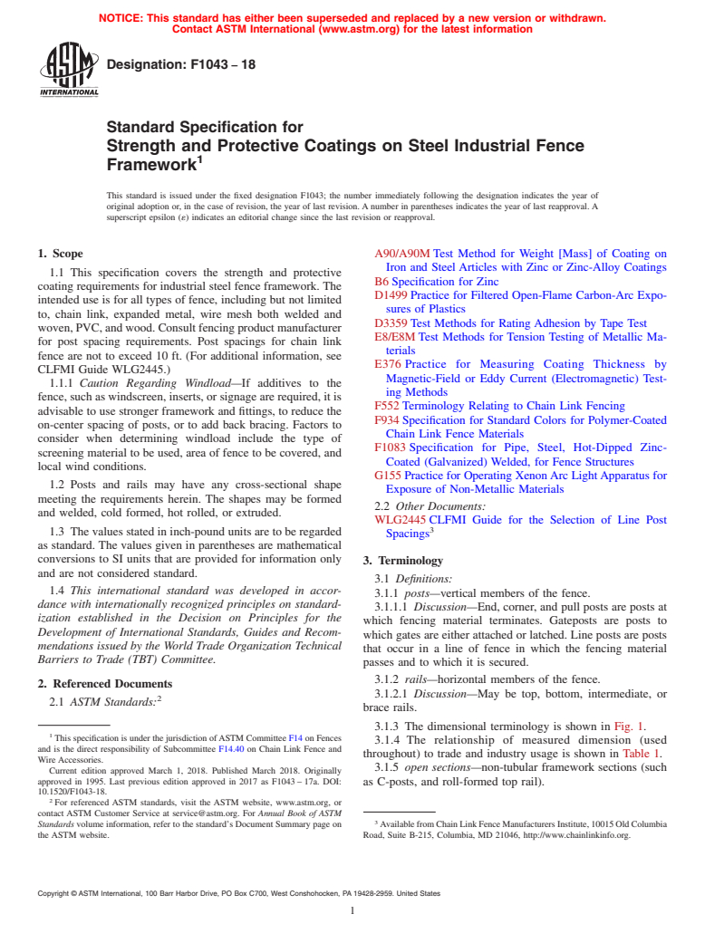 ASTM F1043-18 - Standard Specification for  Strength and Protective Coatings on Steel Industrial Fence  Framework