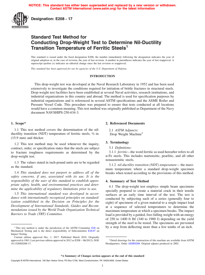 ASTM E208-17 - Standard Test Method for Conducting Drop-Weight Test to Determine Nil-Ductility Transition  Temperature of Ferritic Steels