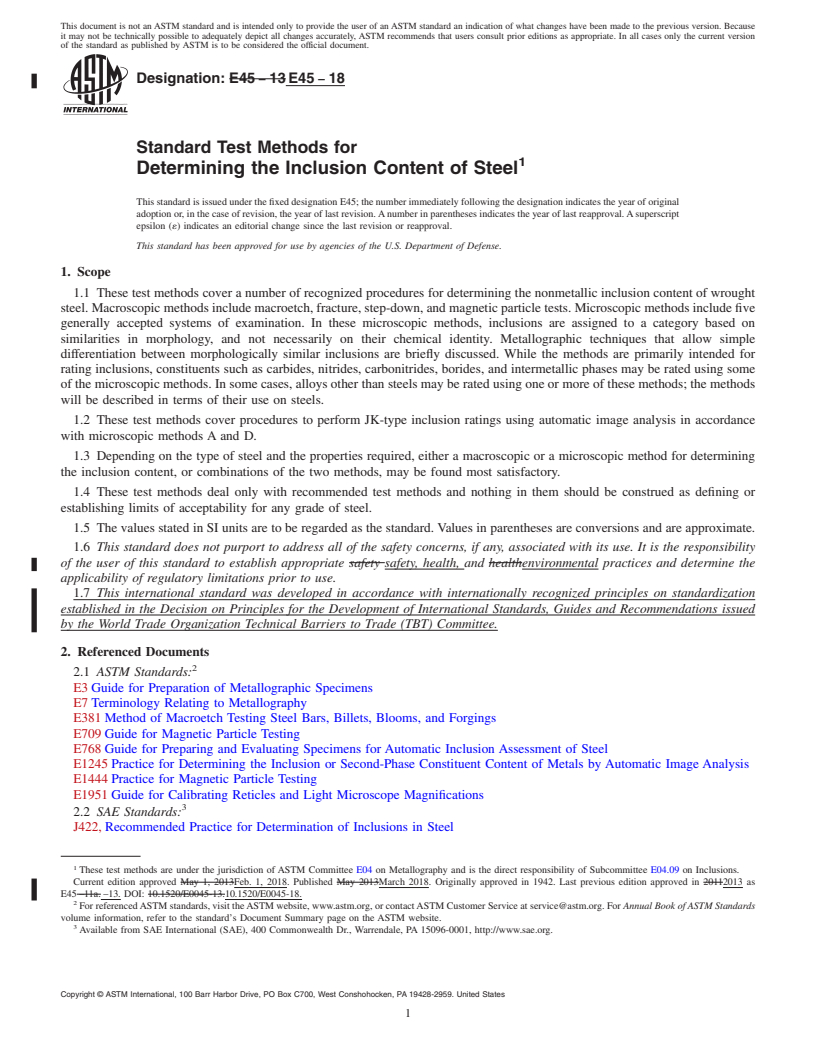 REDLINE ASTM E45-18 - Standard Test Methods for  Determining the Inclusion Content of Steel