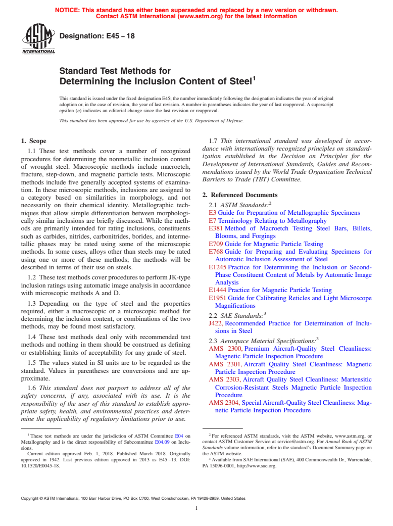 ASTM E45-18 - Standard Test Methods for  Determining the Inclusion Content of Steel