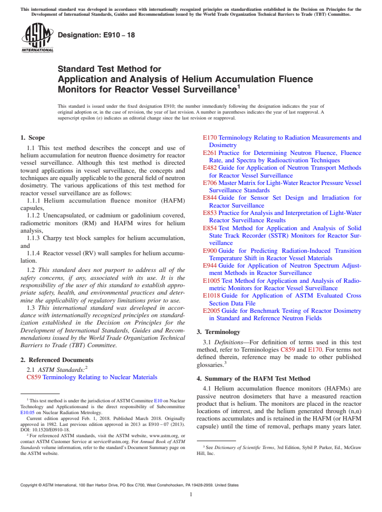 ASTM E910-18 - Standard Test Method for  Application and Analysis of Helium Accumulation Fluence Monitors for Reactor Vessel Surveillance