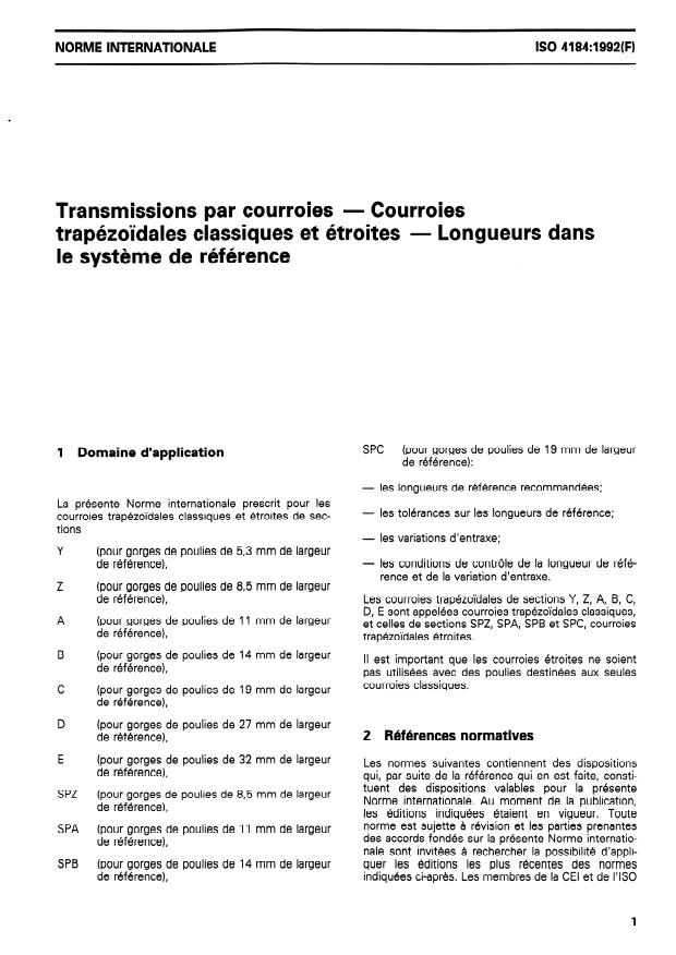 ISO 4184:1992 - Transmissions par courroies -- Courroies trapézoidales classiques et étroites -- Longueurs dans le systeme de référence
