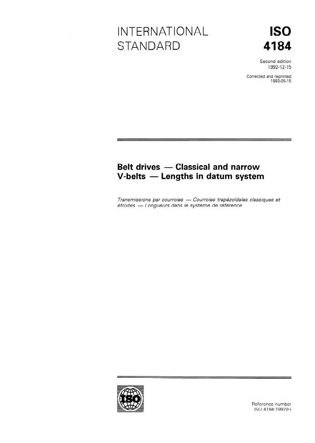 ISO 4184:1992 - Belt drives -- Classical and narrow V-belts -- Lengths in datum system