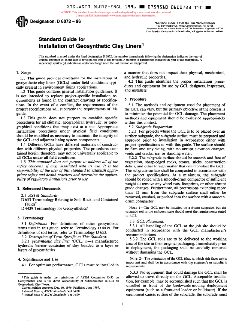 ASTM D6072-96 - Standard Guide for Obtaining Samples of Geosynthetic Clay Liners