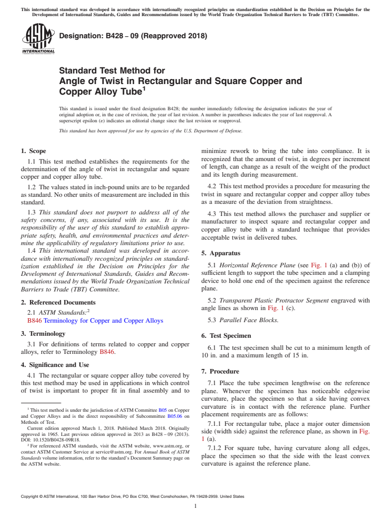 ASTM B428-09(2018) - Standard Test Method for Angle of Twist in Rectangular and Square Copper and Copper  Alloy Tube