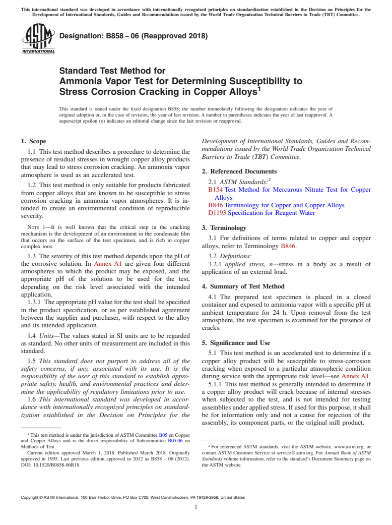 ASTM B858-06(2018) - Standard Test Method for Ammonia Vapor Test for Determining Susceptibility to Stress  Corrosion Cracking in Copper Alloys