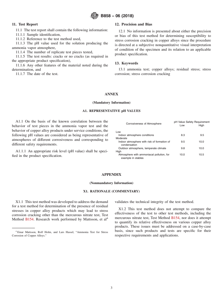 ASTM B858-06(2018) - Standard Test Method for Ammonia Vapor Test for Determining Susceptibility to Stress  Corrosion Cracking in Copper Alloys