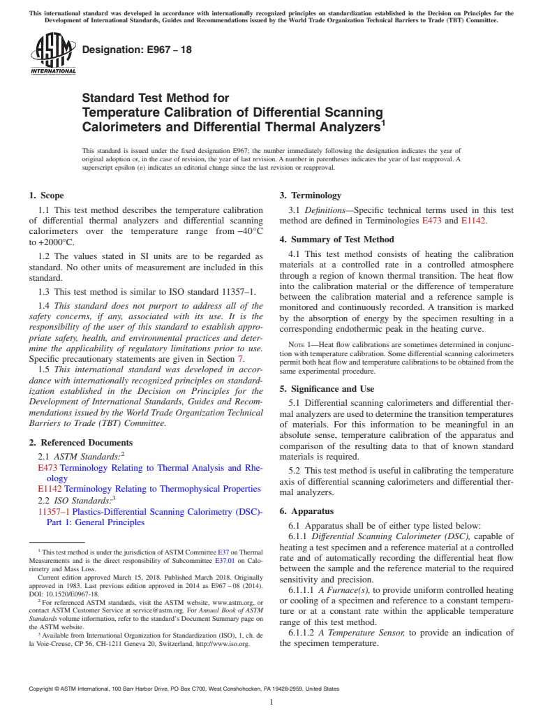 ASTM E967-18 - Standard Test Method for  Temperature Calibration of Differential Scanning Calorimeters  and Differential Thermal Analyzers