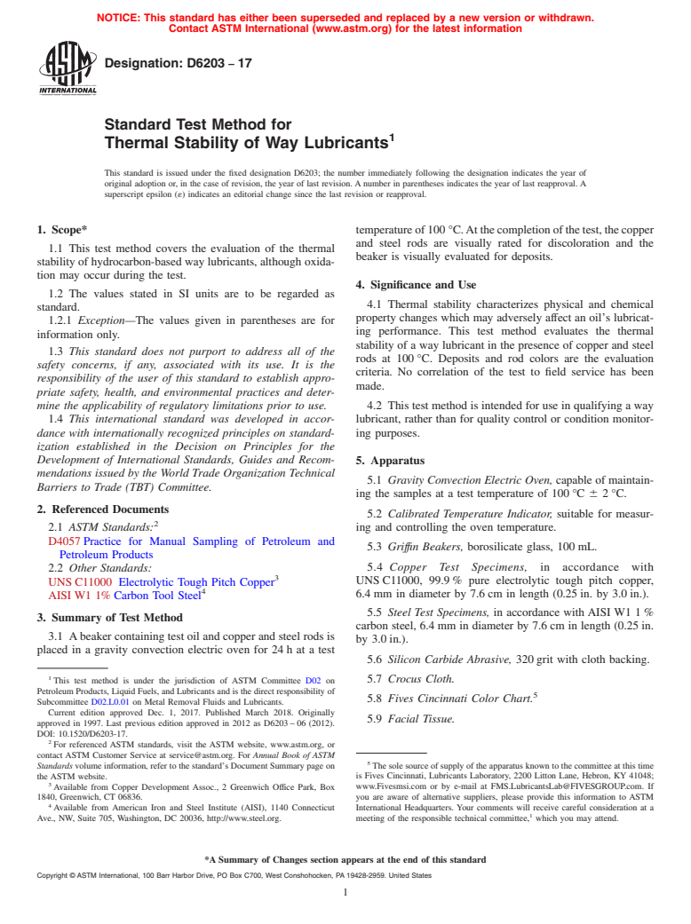 ASTM D6203-17 - Standard Test Method for  Thermal Stability of Way Lubricants