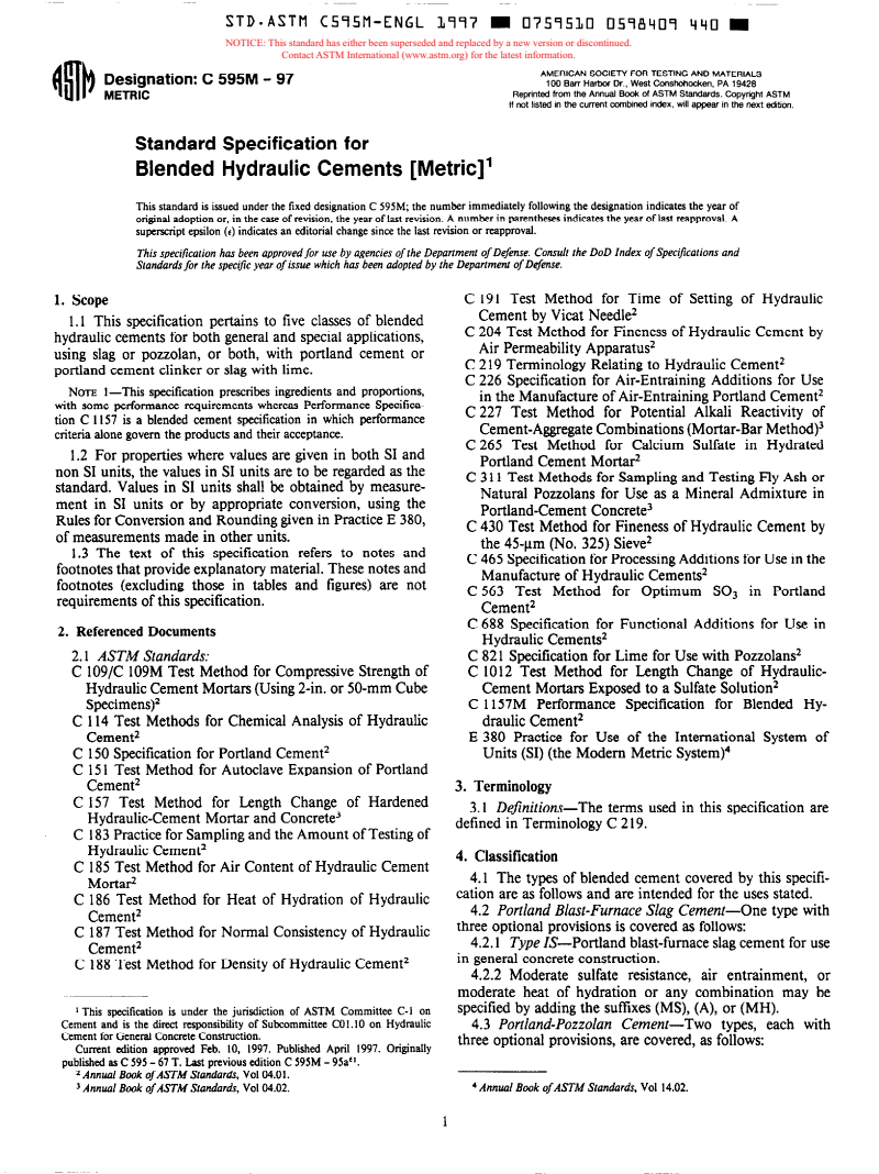 ASTM C595M-97 - Standard Specification for Blended Hydraulic Cements [Metric]