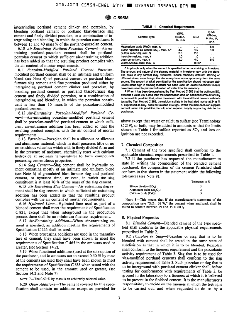 ASTM C595M-97 - Standard Specification for Blended Hydraulic Cements [Metric]