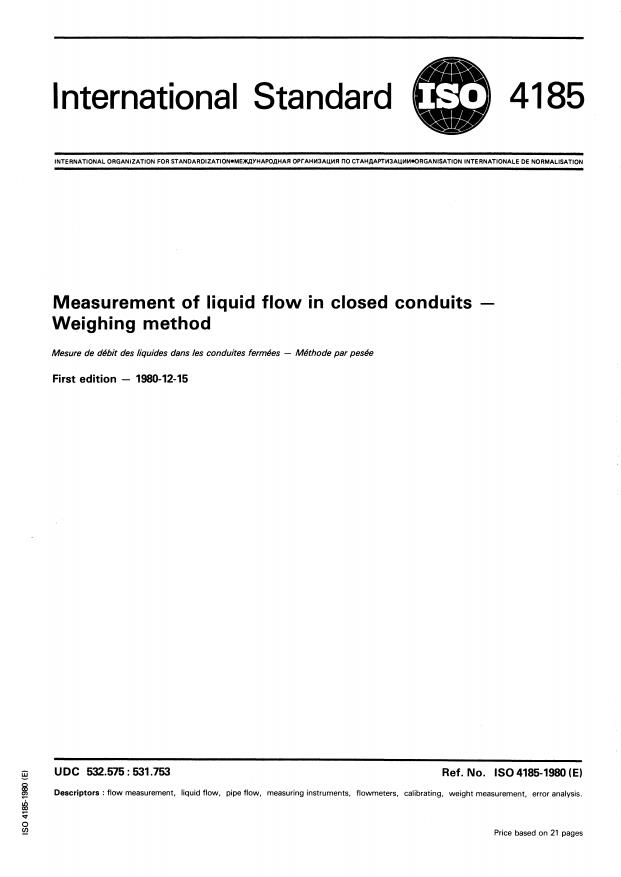 ISO 4185:1980 - Measurement of liquid flow in closed conduits -- Weighing method