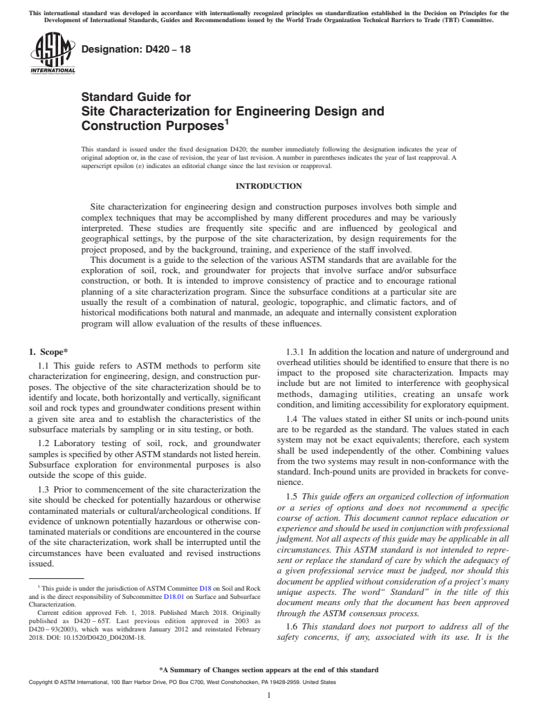 ASTM D420-18 - Standard Guide for Site Characterization for Engineering Design and Construction  Purposes