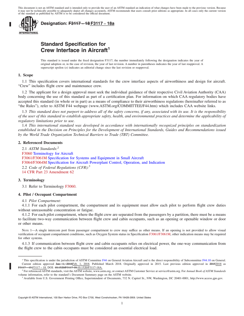 REDLINE ASTM F3117-18a - Standard Specification for Crew Interface in Aircraft