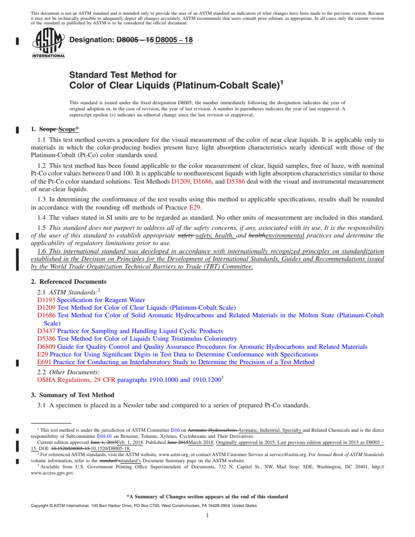 REDLINE ASTM D8005-18 - Standard Test Method for Color of Clear Liquids (Platinum-Cobalt Scale)