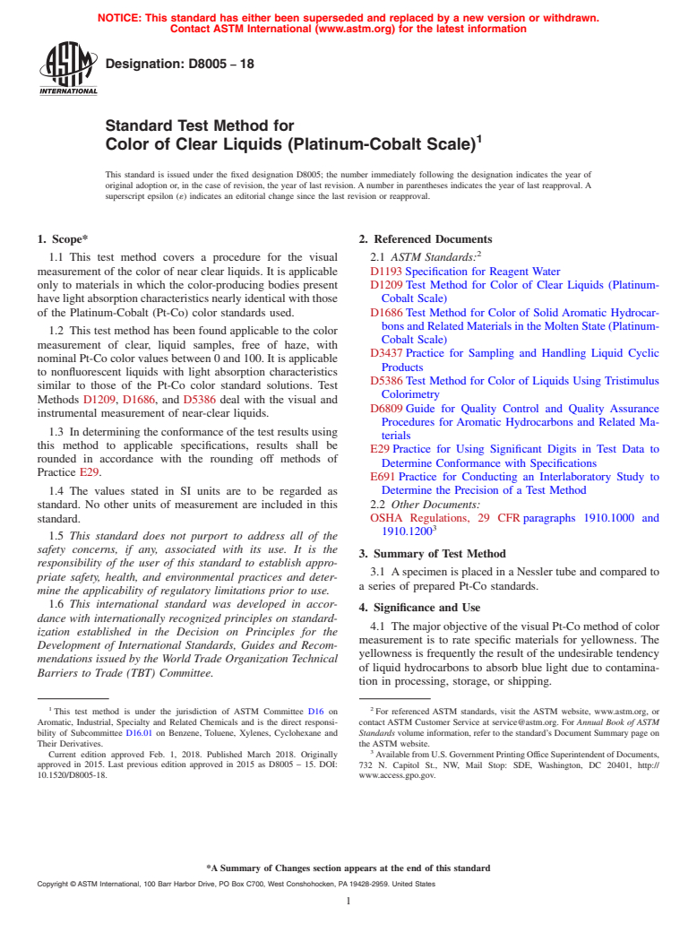 ASTM D8005-18 - Standard Test Method for Color of Clear Liquids (Platinum-Cobalt Scale)