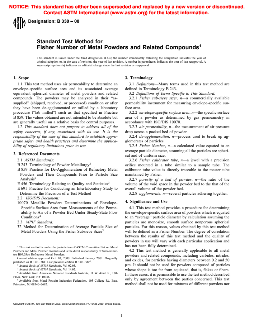 ASTM B330-00 - Standard Test Method for Fisher Number of Metal Powders and  Related Compounds