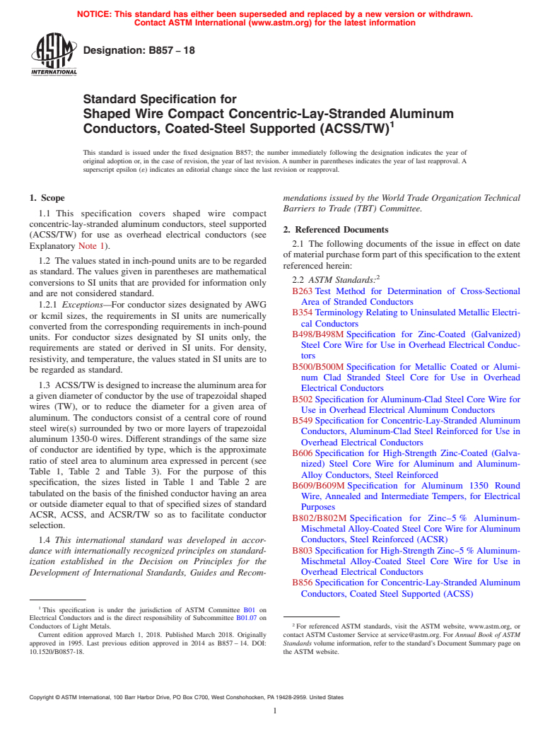 ASTM B857-18 - Standard Specification for Shaped Wire Compact Concentric-Lay-Stranded Aluminum Conductors,   Coated-Steel Supported (ACSS/TW)