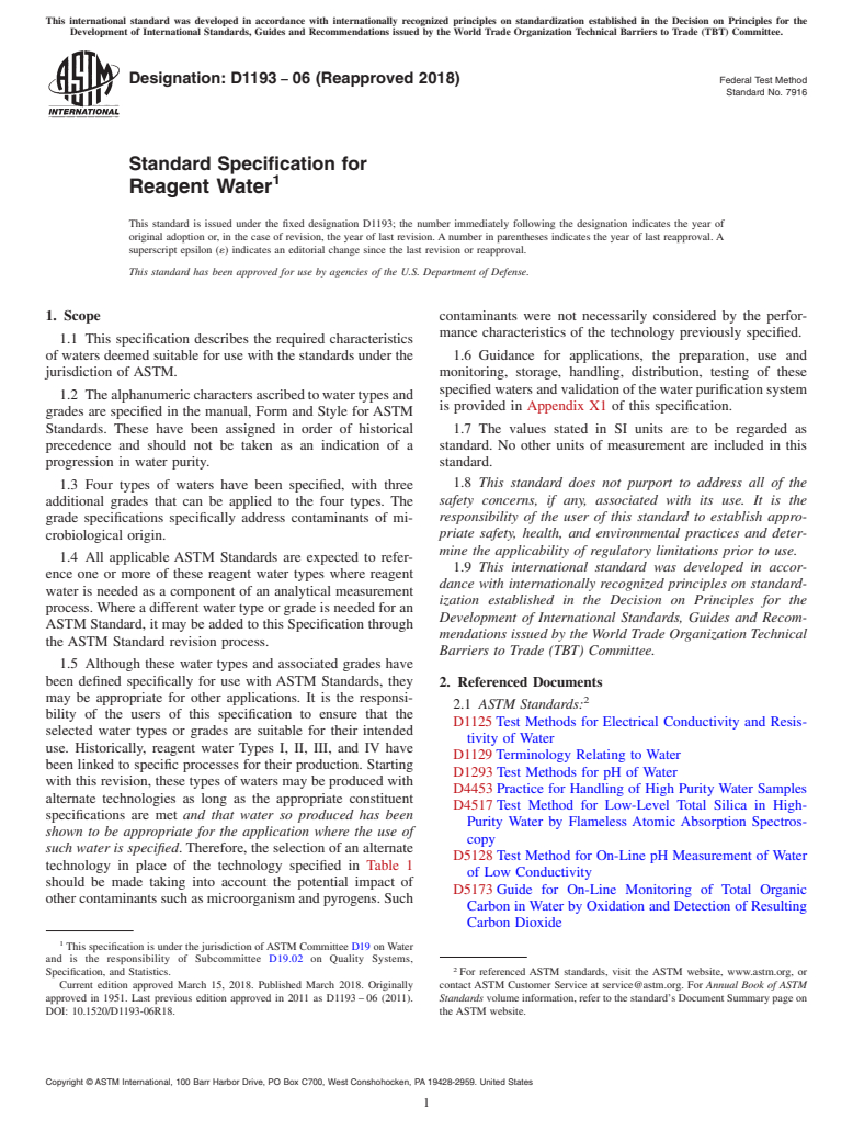 ASTM D1193-06(2018) - Standard Specification for  Reagent Water