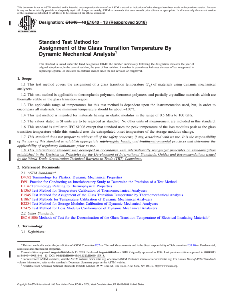 REDLINE ASTM E1640-13(2018) - Standard Test Method for  Assignment of the Glass Transition Temperature By Dynamic Mechanical  Analysis