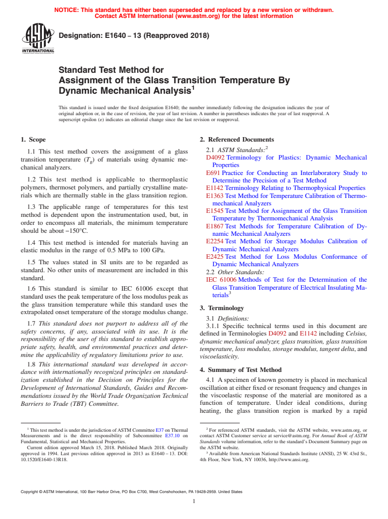 ASTM E1640-13(2018) - Standard Test Method for  Assignment of the Glass Transition Temperature By Dynamic Mechanical  Analysis